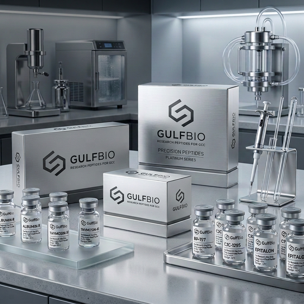 GulfBio peptide research vial in a dark laboratory